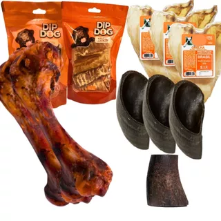 Mordedor Natural para Cães Osso Fêmur Suíno Casco Bovino Traqueia Bovina Orelha Esôfago Kits Sortido