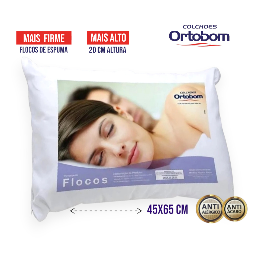 Travesseiro Flocos de Espuma Ortobom muito Firme e Não afunda 45x65 ...