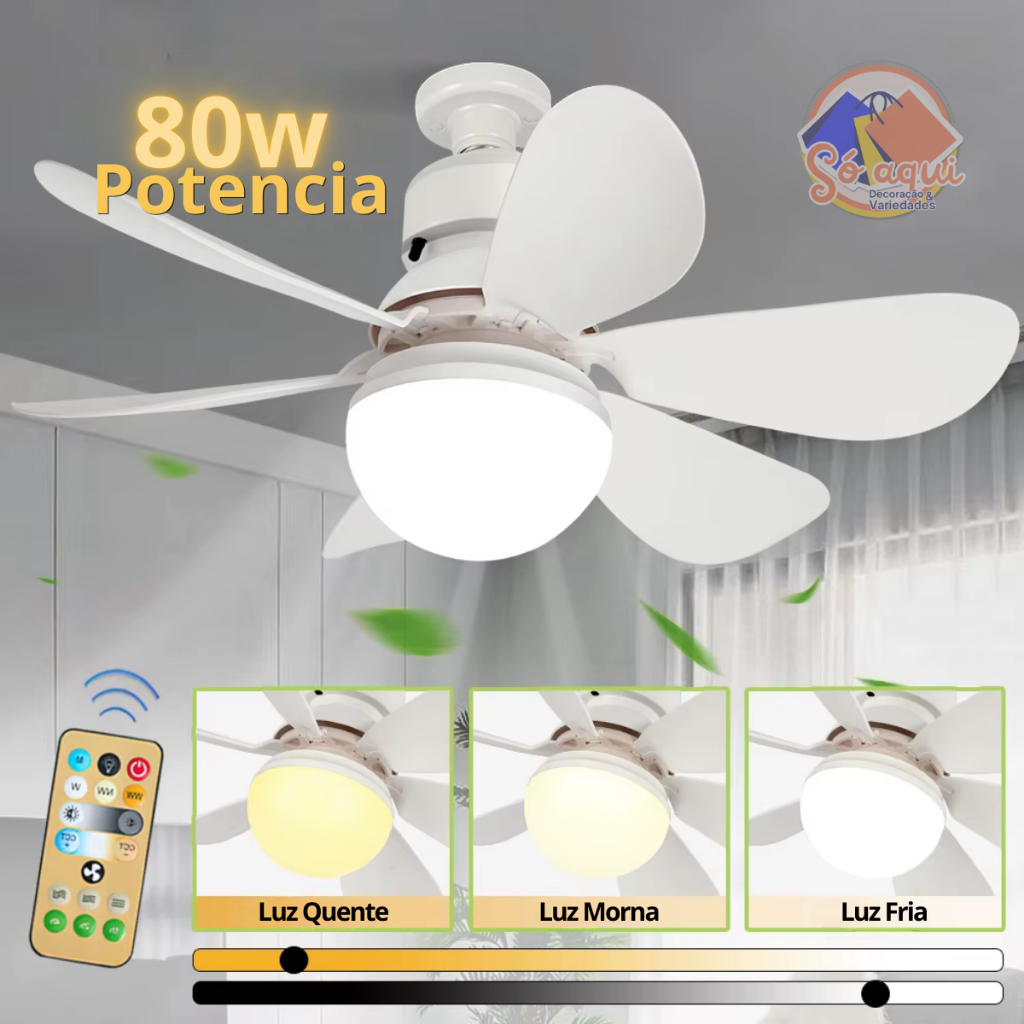 Ventilador de Teto 80 Watts Com 6 Hélices Controle Remoto Vento Forte e ...