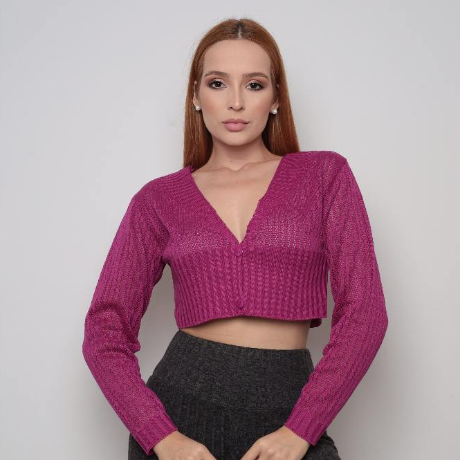 Casaco Curto Feminino Cardigan Rendado de Tricot Manga Longa Tipo ...