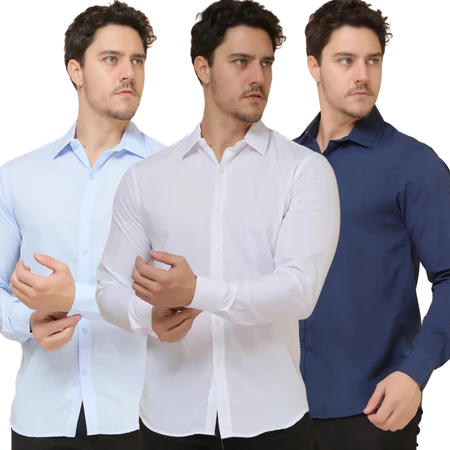 Kit 3 camisa social masculina manga longa forma tradicional