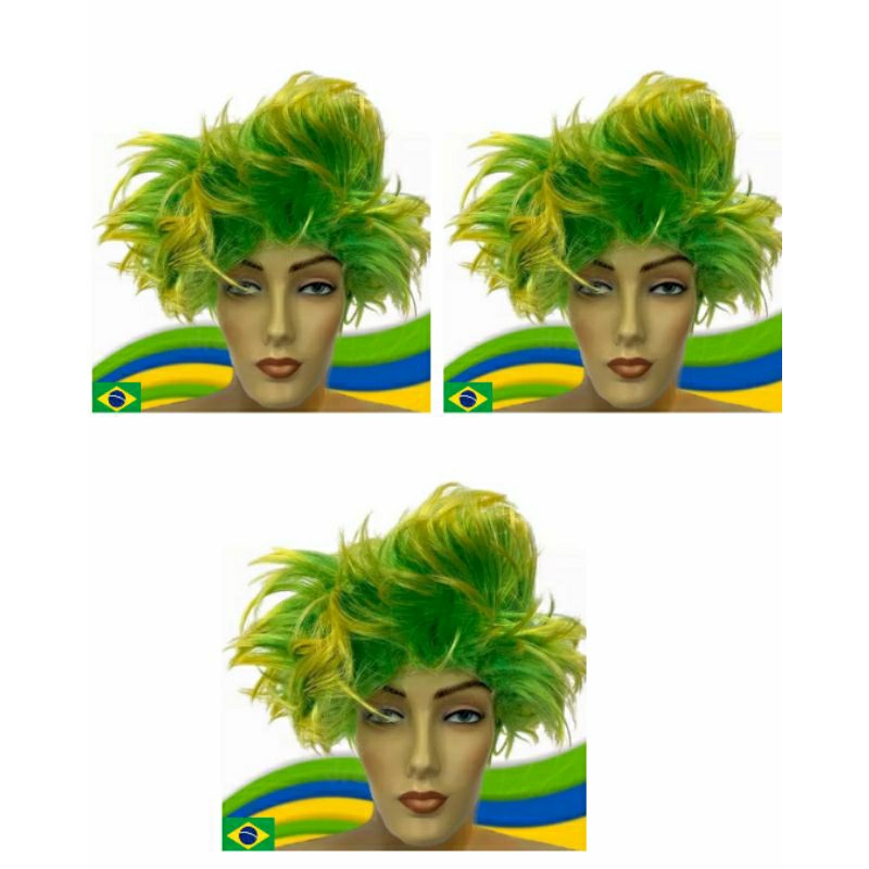 Kit com 03 perucas espetadas verde e amarelo, festa,carnaval em Oferta na Shopee