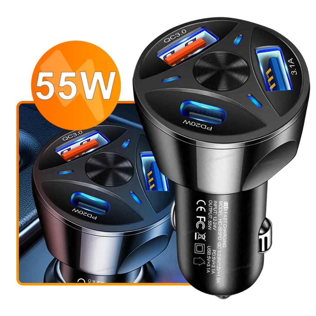Carregador Turbo Para Carro 55W 2 USB 1 USB-C Carregamento Rápido ...