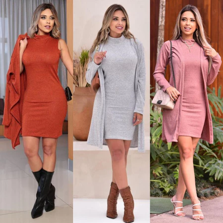 Conjunto Feminino Vestido Tubinho Cardigan Gola Alta Lanzinha Premium