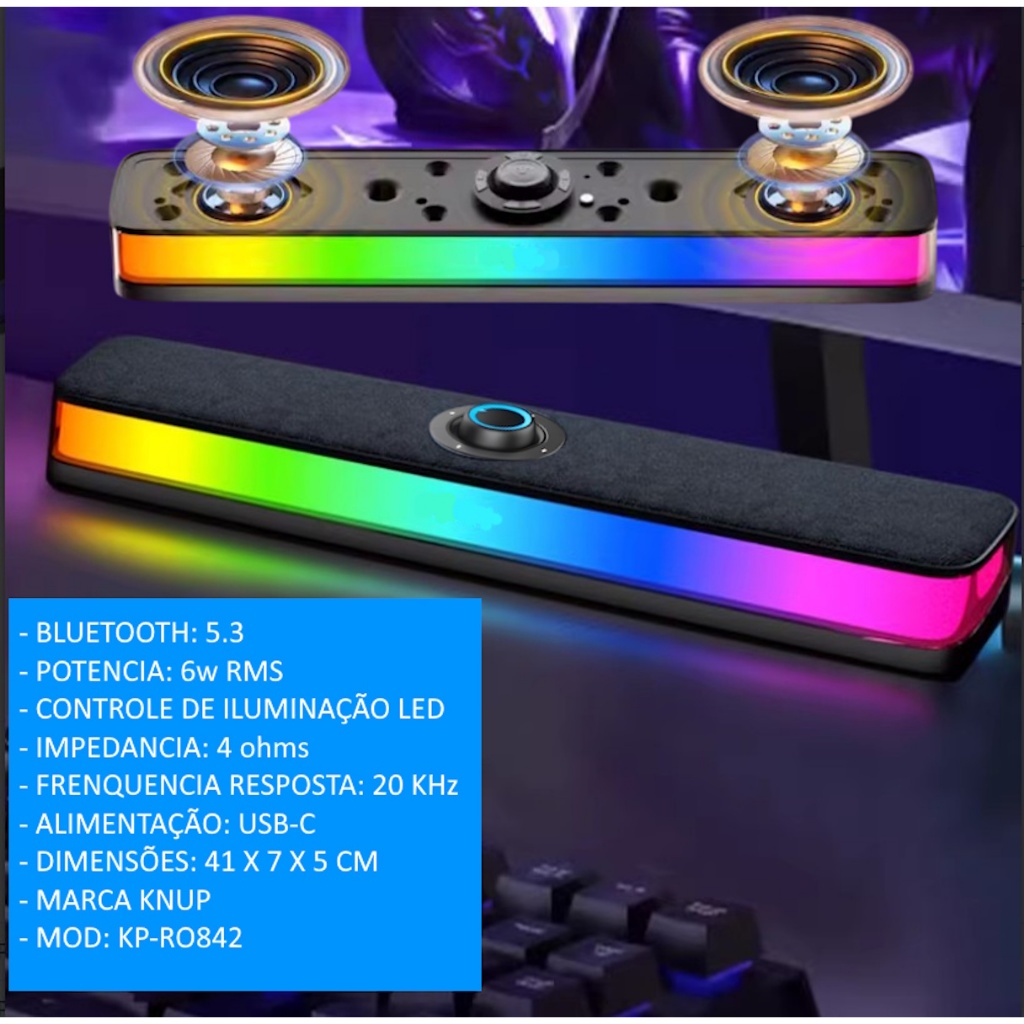 Caixa de Som Soundbar Multimidia 6W Rms Led RGB Para Pc Notebook