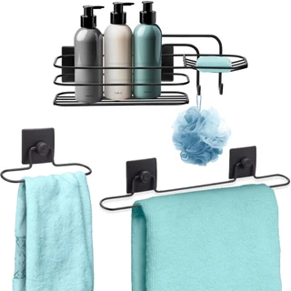 Kit Acessorios 3 Pecas Suporte Toalha Rosto Banho Porta Shampoo Banheiro 3M Sem Furo Preto Arthi em Oferta na Shopee