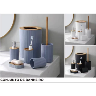 Conjunto 4 Peças Pra Banheiro Bambu Saboneteira Conjuto Lavabo Lixo De Banheiro Acessorios Utensilios Para Casa
