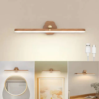 Lâmpada de Parede LED com Design de Madeira Sólida Imitação, Rotativa 360° Magnética Recarregável
