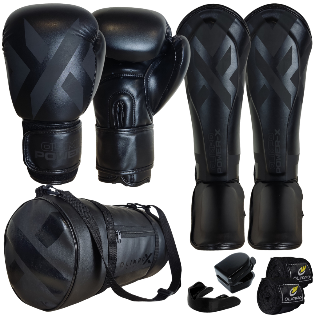 Kit Muay Thai Luva Caneleira Bolsa Bandagem Bucal Olimpo