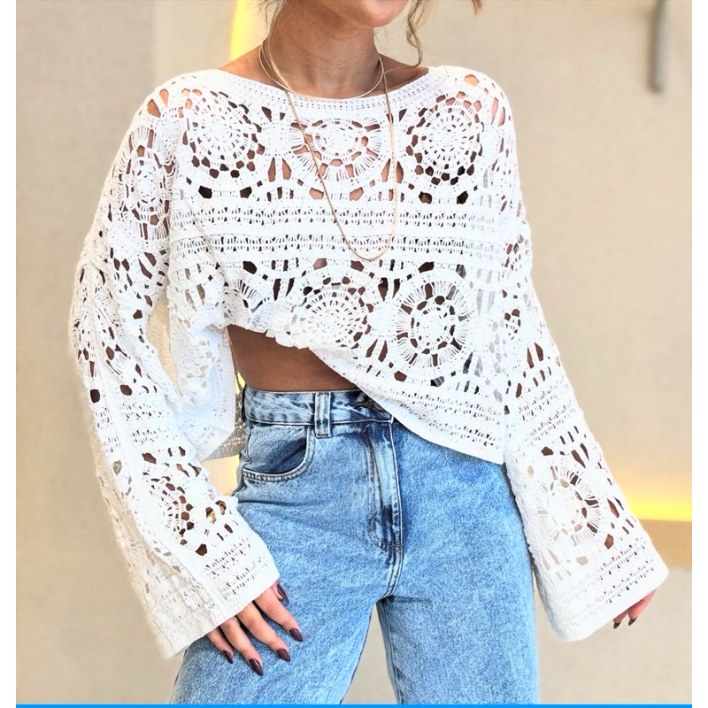 blusa ADRIANA manga longa crochê Cód 12 Shopee Brasil