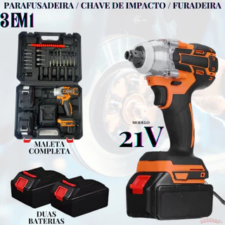 KIT 3 em 1 Furadeira Parafusadeira Chave de Impacto Com Duas Baterias 21V Maleta Completa