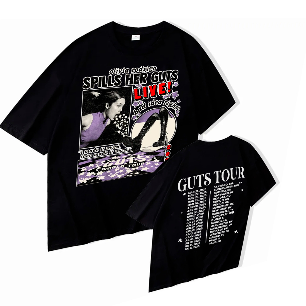 Camiseta Estilosa Olivia Rodrigo World Tour Guts Datas Atualizadas