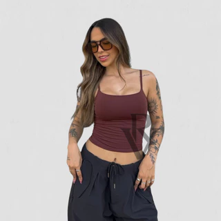 Regata De Alcinha Cropped Tube Feminino Básico Suplex Marrom Azul