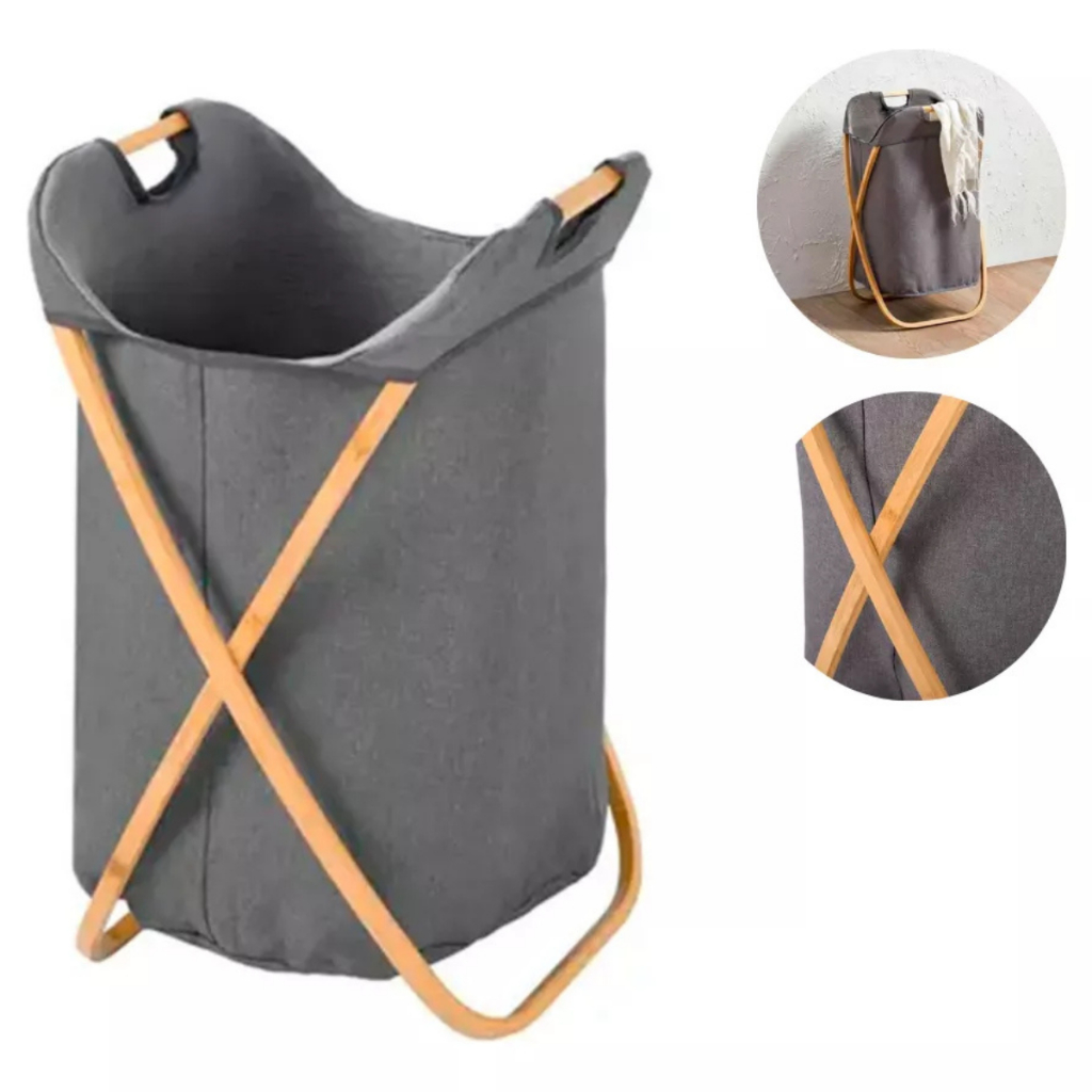 Cesto De Roupa Em Tecido E Bambu Organizador Cor Cinza Liso | Shopee Brasil