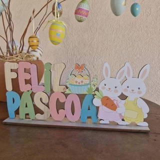 Enfeite Páscoa Placa Decorativa Mesa Casal Coelhos Feliz Páscoa MDF - 13 x 30 x 04cm