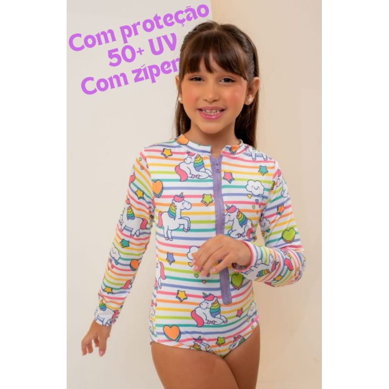 Maiô Manga Longa Infantil Menina Maiô infanto juvenil biquini proteção ...