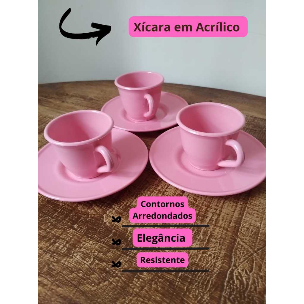 Xícaras 80ml com Pires Tradicional Rosa Bebê; Kit 4,6,10,12 (Acrílico ...