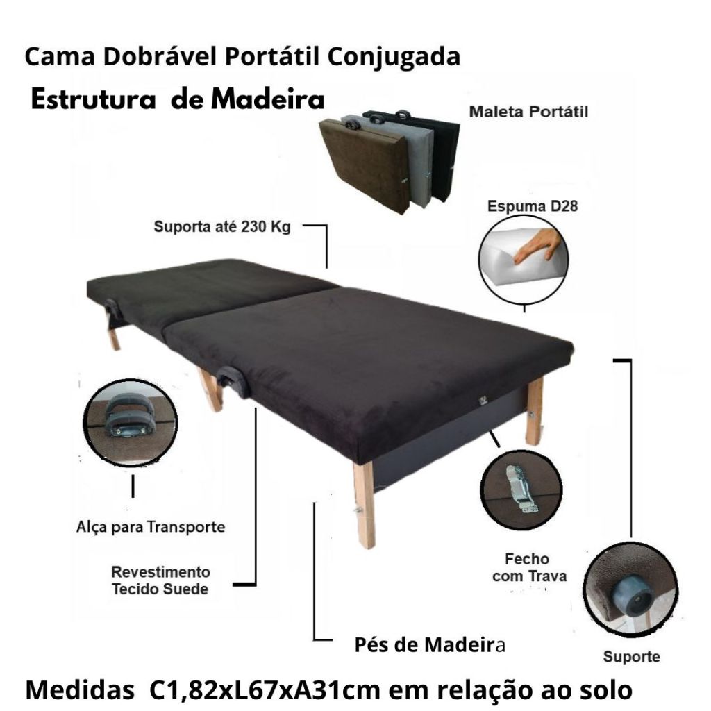 Cama Dobrável Portátil Conjugada Premium PRETO Viagem/Camping/Hospedes - 230KG - ARTPUFF DO BRASIL