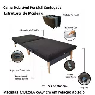 Cama Dobrável Portátil Conjugada Premium PRETO Viagem/Camping/Hospedes - 230KG - ARTPUFF DO BRASIL