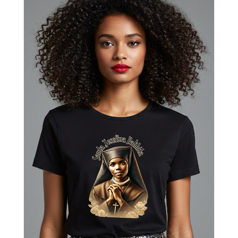 Camiseta Unissex Santa Católica Algodão T-shirt Santa Josefina Bakhita - Oração Perdão Caridade -Infantil, Adulto e Plus
