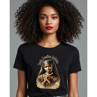 Camiseta Unissex Santa Católica Algodão T-shirt Santa Josefina Bakhita - Oração Perdão Caridade -Infantil, Adulto e Plus