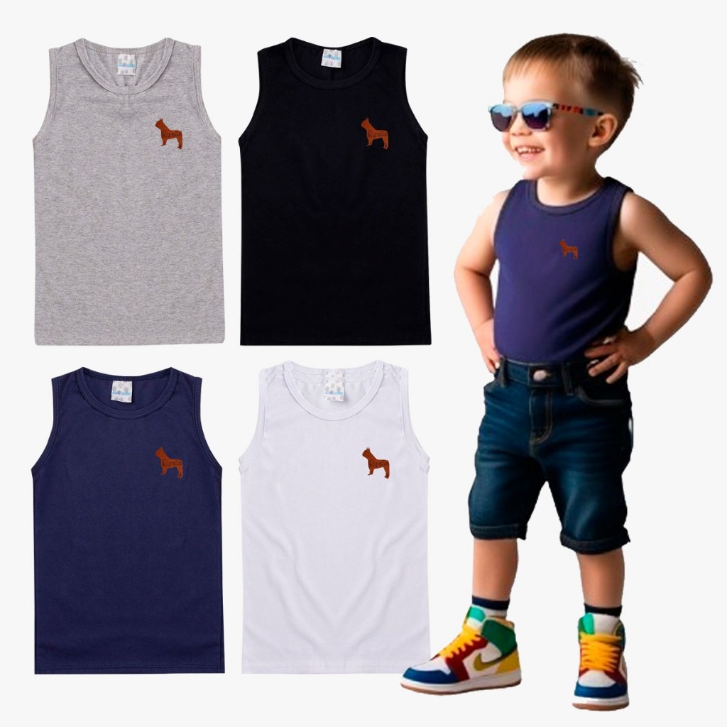 Kit Com 4 Regatas ToBeInStyle Para Meninos - Algodão, Bainha Dupla, Cores Básicas