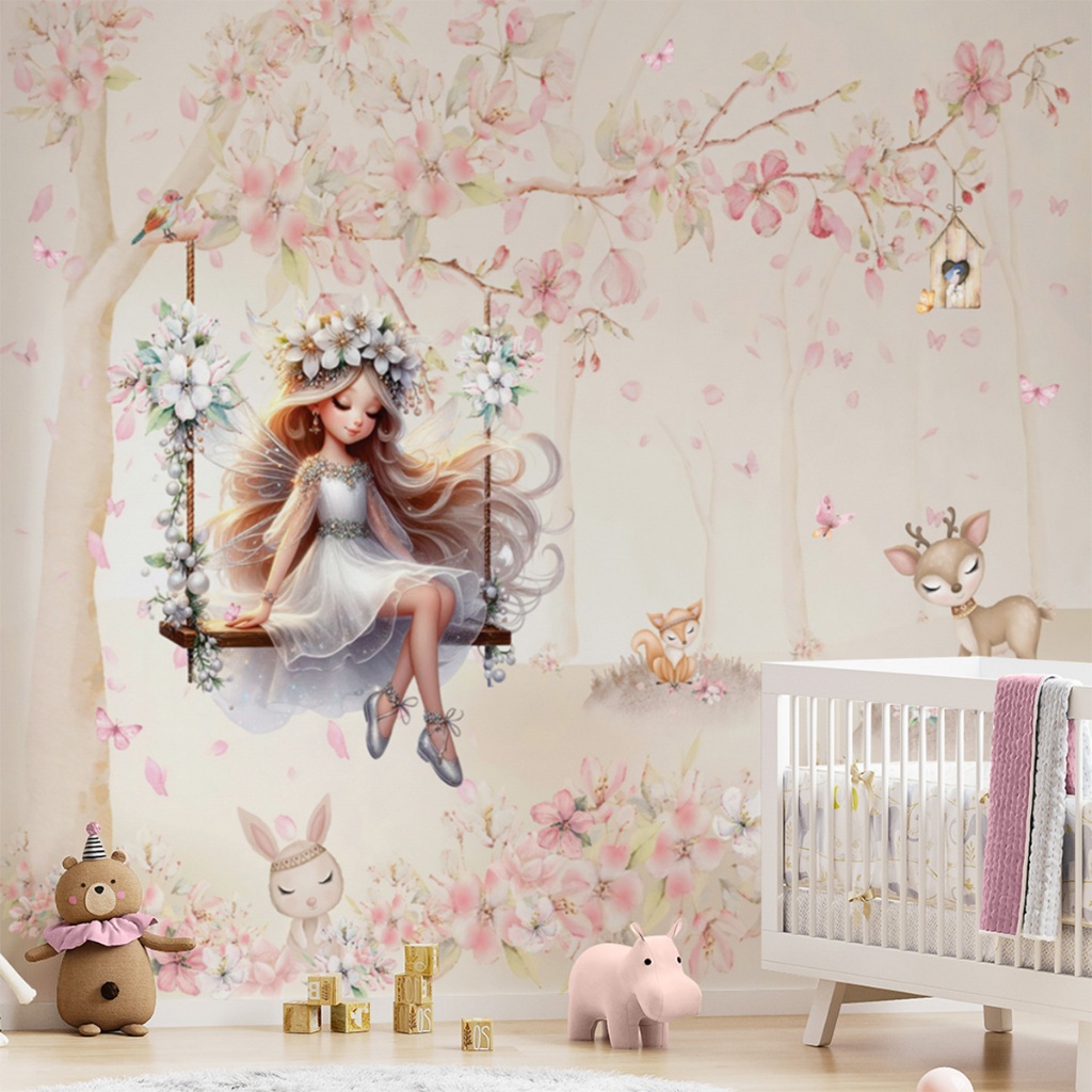 Papel De Parede Quarto Infantil Menina Balanço Flores Animais 1m² ...