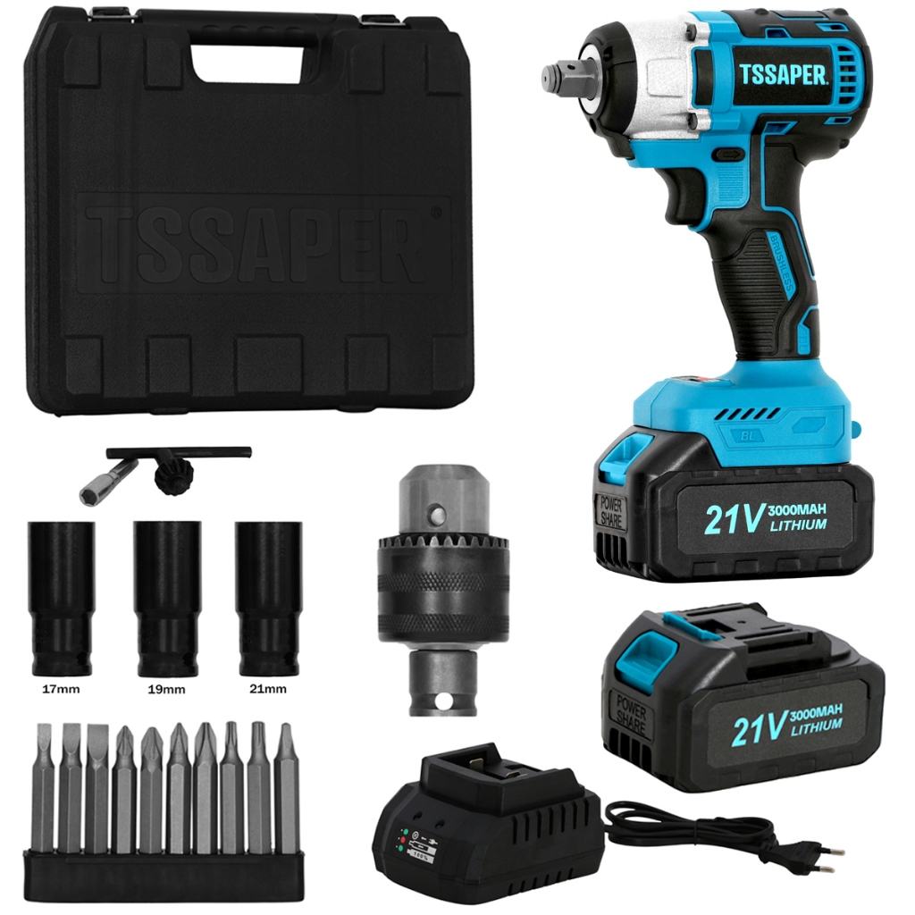 Chave de impacto 21v torque de 380nm com 2 baterias, maleta e 3