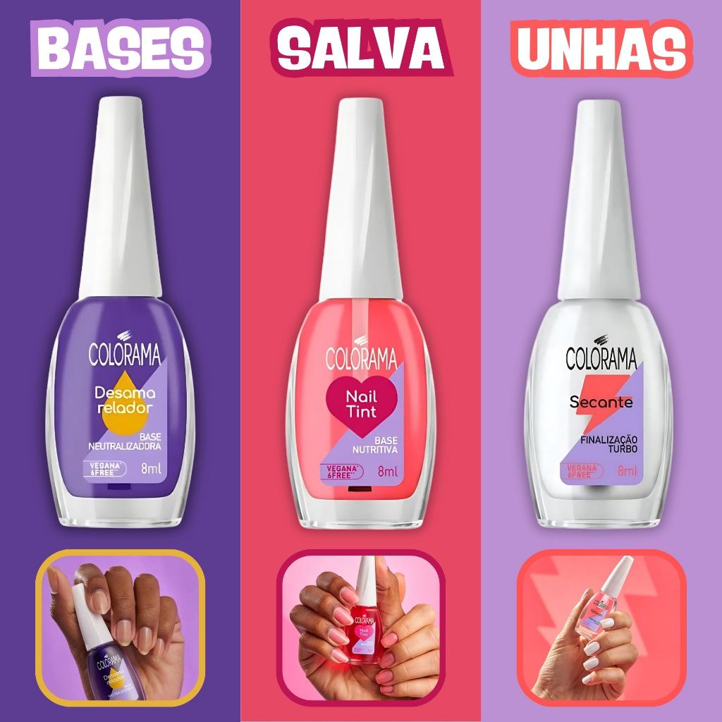 Kit 3 Bases Colorama Nail Tint + Secante Turbo+ Desamareladora 8ml Base ...