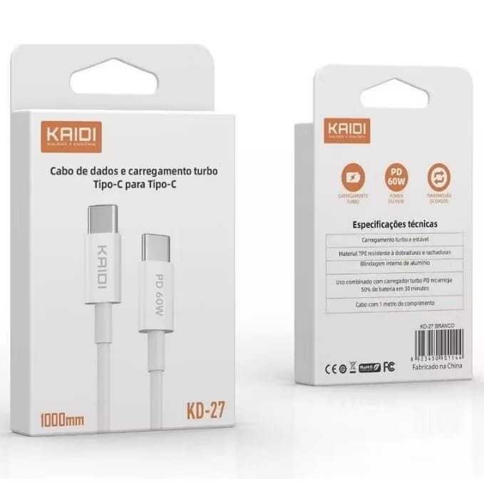 Cabo Carregador Turbo KAIDI ORIGINAL 60W Tipo-C Carregamento Rápido Resistente - ENVIO RÁPIDO