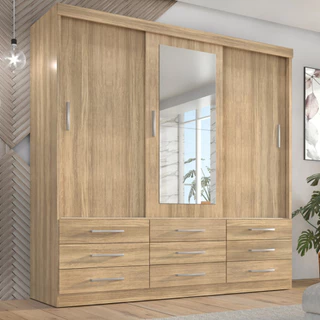 Guarda Roupa Casal Capri 3 Portas Correr 9 Gavetas Com Espelho