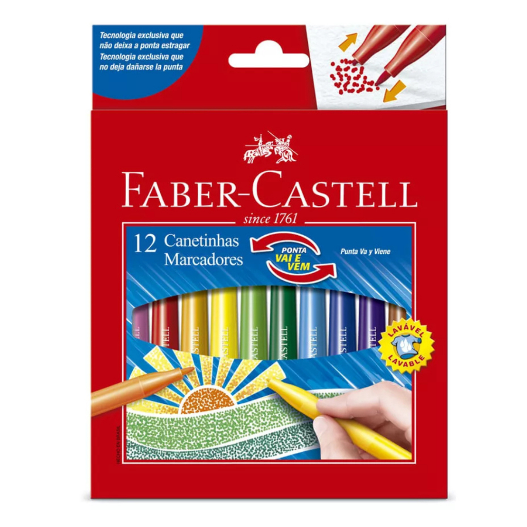 Canetinha 12 Cores Faber Castell Vai E Vem Colorir Escolar | Shopee Brasil