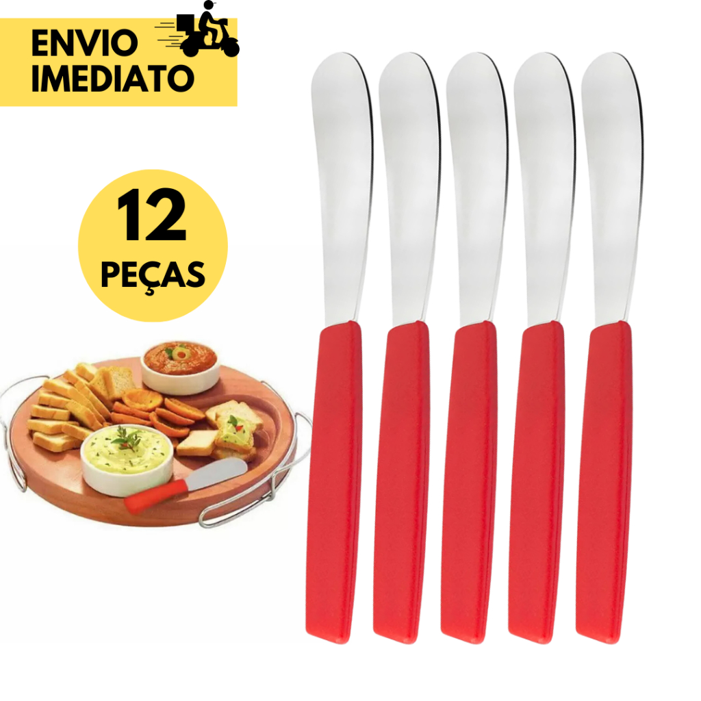 12 Espátulas p/ Manteiga , Geléia, Patês de Inox com Cabo Vermelho Ideal p/ Cafés e Petiscos, Restaurantes Pousadas Hote