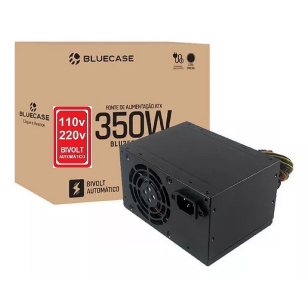 Fonte 350W Real 8 pinos Conector 4+4 12V ATX PC Computador BLUECASE Gabinete Bivolt AUTOMÁTICA