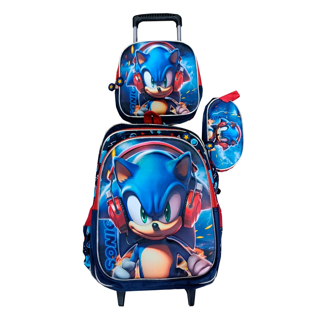 Kit Mochila do Sonic em 3D Alto Relevo com Rodinhas + Lancheira Térmica ...