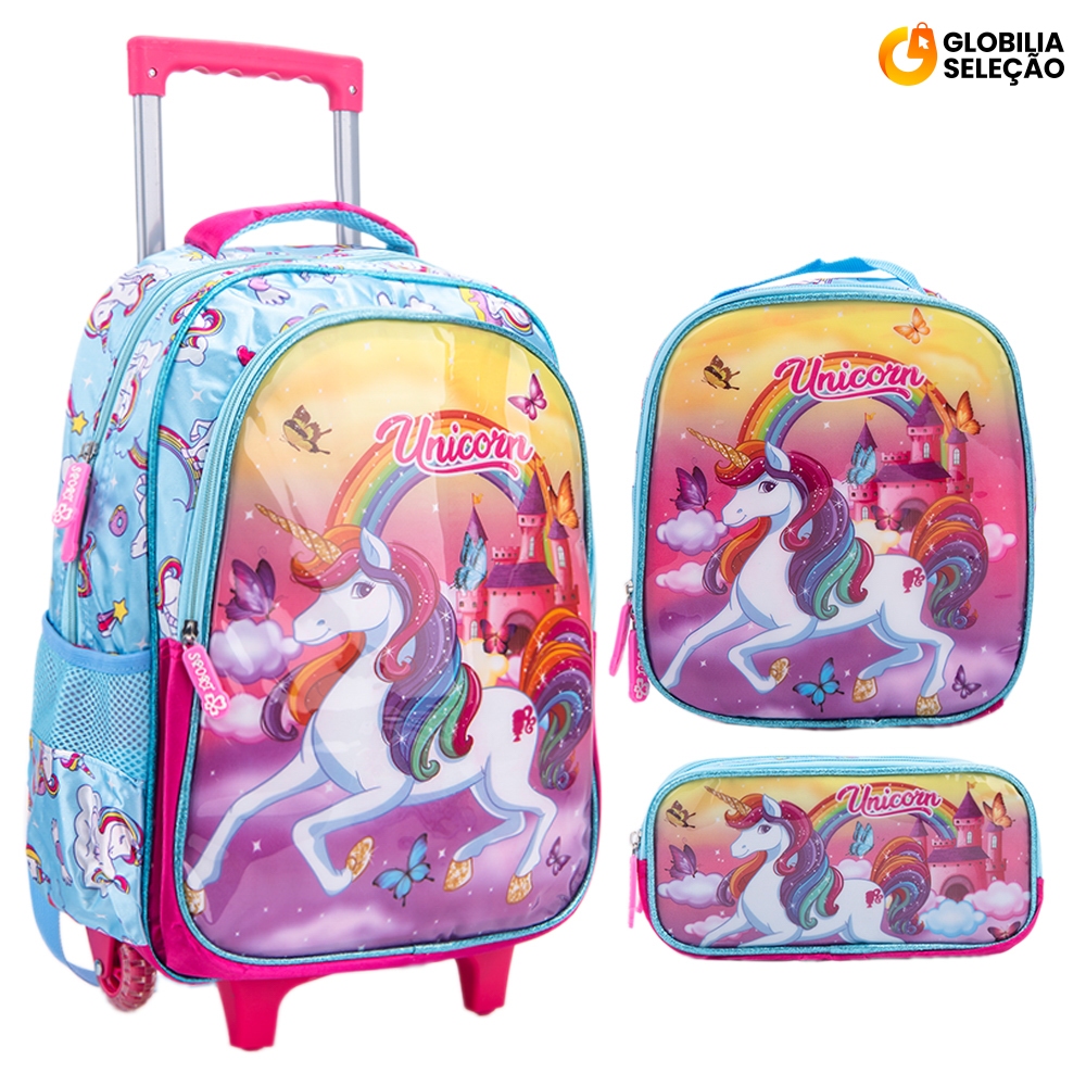 Kit Mochila Escolar Infantil de Rodinhas Menina Bolsa Resistente Impermeável Com Lancheira e Estojo carol