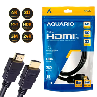 Cabo Hdmi Aquario 2.0 4k 2m, 3m, 5m, 10m Metros 4k 3d Full Hd Blindado Tv Ponta Gold 60hz