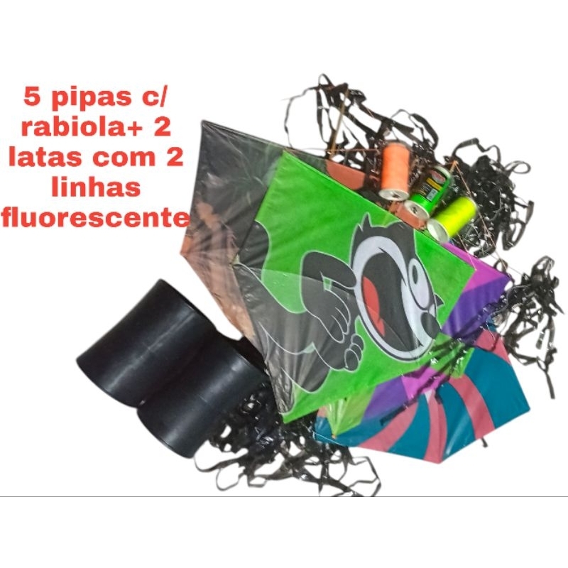 Pipa Kit 5 Pipas Com Rabiola + 2 Linhas 200 jardas fluorecente+1Lata de ...