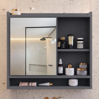 Espelheira Suspensa Para Banheiro Closet Porta e Armário Cor Cinza armarinho aqua com nicho