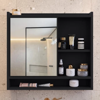 Espelheira Suspensa Para Banheiro Closet Porta e Armário Cor Preto armarinho aqua com nicho armario