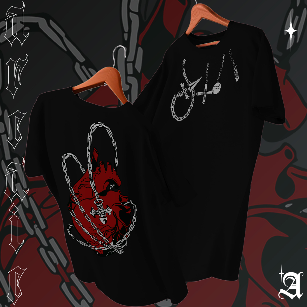 Camiseta Basica Algodao Coração Acorrentado Estilo Gotico Love Break Tee Unissex