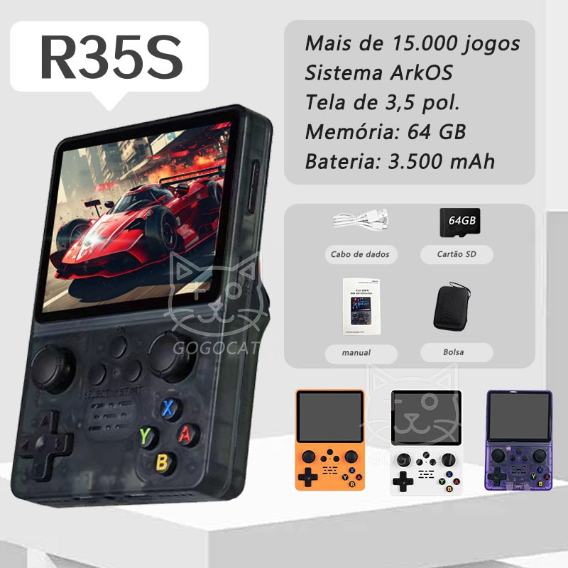 Console de Jogos Portátil R35S 64GB 15 Mil Jogos Sistema ArkOS 2.0 Tela ...