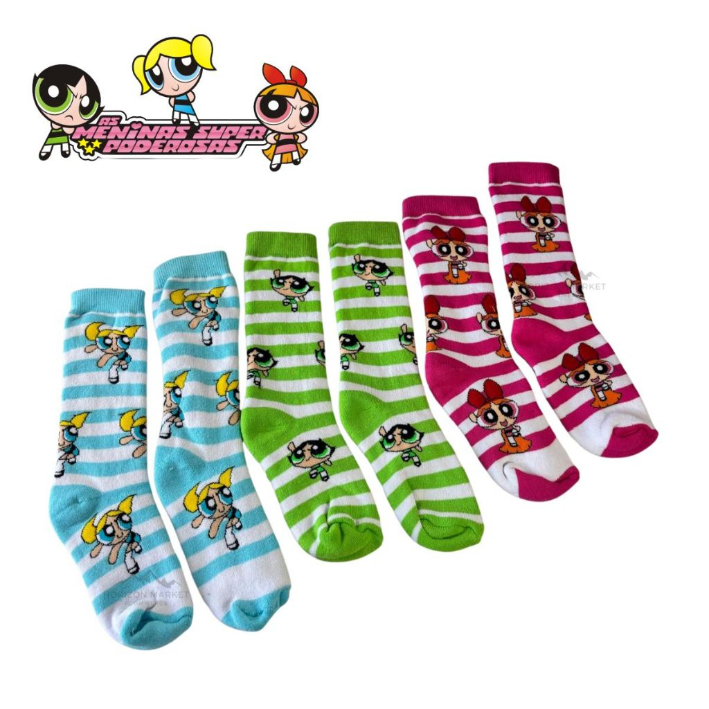Meia Feminina Meninas Super Poderosas Cano Alto Estampada Algodão ...