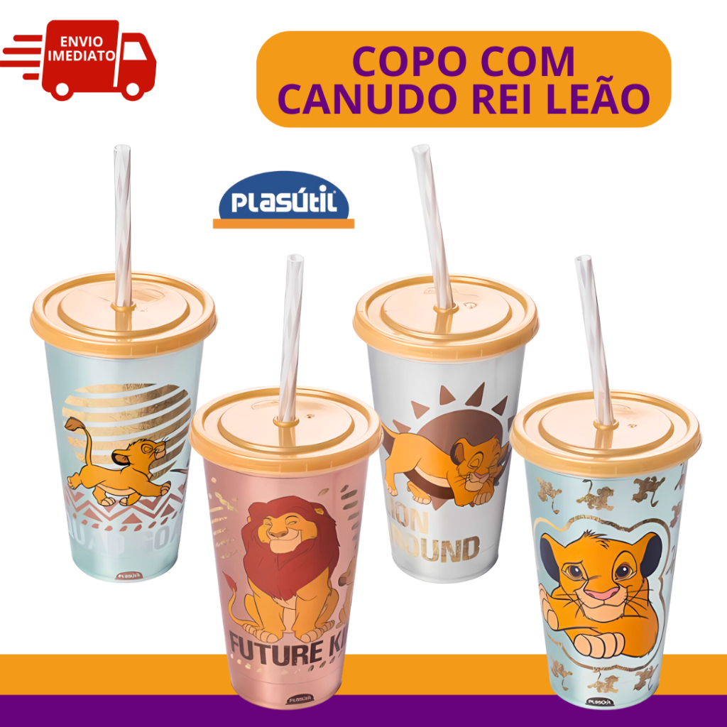 Copo Rei Leão Metalizado com Canudo Simba Mufasa Copo Refri Sortido ...