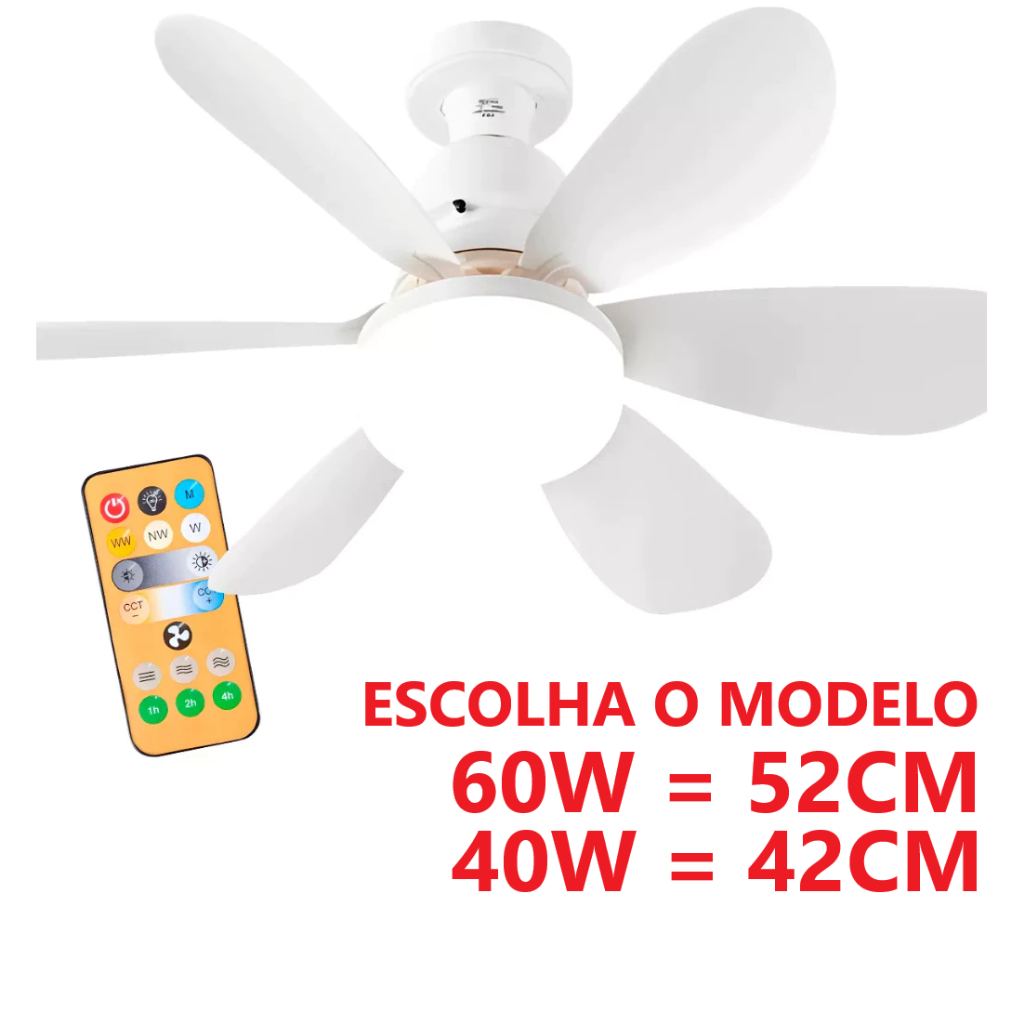 Ventilador de teto Com Luz para Pequenos Espaços (6 Hélices) Controle Remoto Bivolt LED 110V-220V