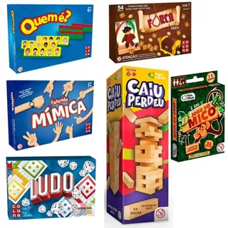 Kit Jogos Infantis Carta e Tabuleiro - Caiu Perdeu Ludo Forca Quem é e Mimica - Brinquedo Coluna