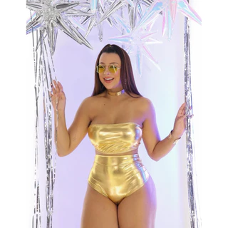 Conjunto 2 Peças Metalizado Carnaval Calcinha Top Faixa Shorts Cropped Brilhoso Festa Piscina Fantasia Hot Pants feminin