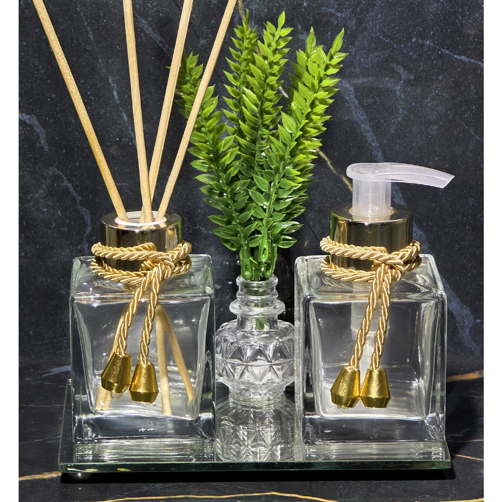 Kit Banheiro Vidros 100ml Porta Sabonete e Difusor Mini Bandeja