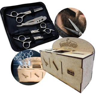 Kit Tesoura Profissional Cabeleireiro Barbeiro Fio Navalha + Kit Suporte MDF Barbeiro