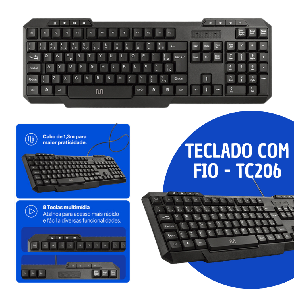 Teclado Multilaser Robusto Multimídia Multifuncional Slim